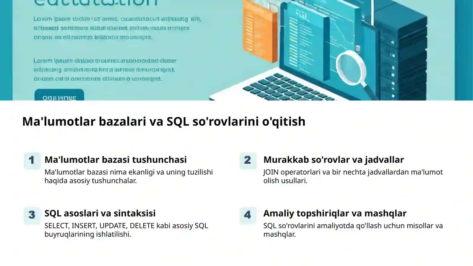 Ma'lumotlar bazalari va SQL so'rovlarini o'qitish 2