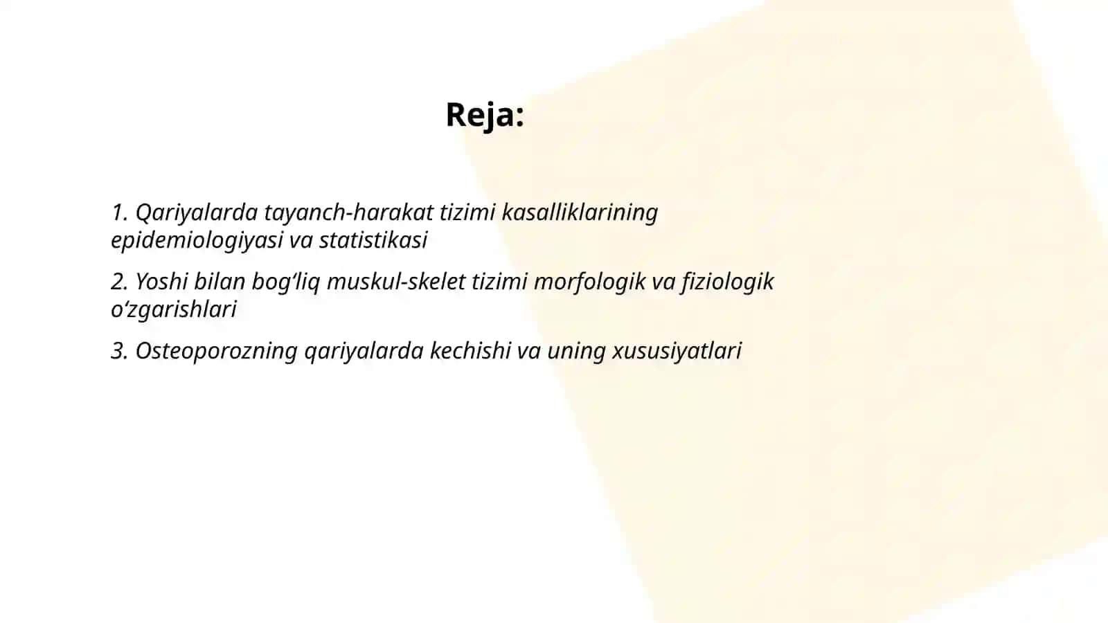 Qariyalarda tayanch - harakat tizimi kasalliklari kechishining oʻziga xos xususiyatlari 2
