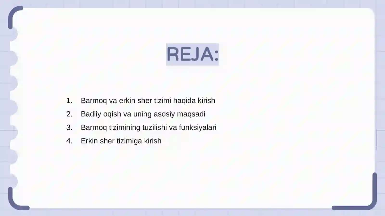 Barmoq va erkin sher tizimidagi matnlarini badiiy oqish 2