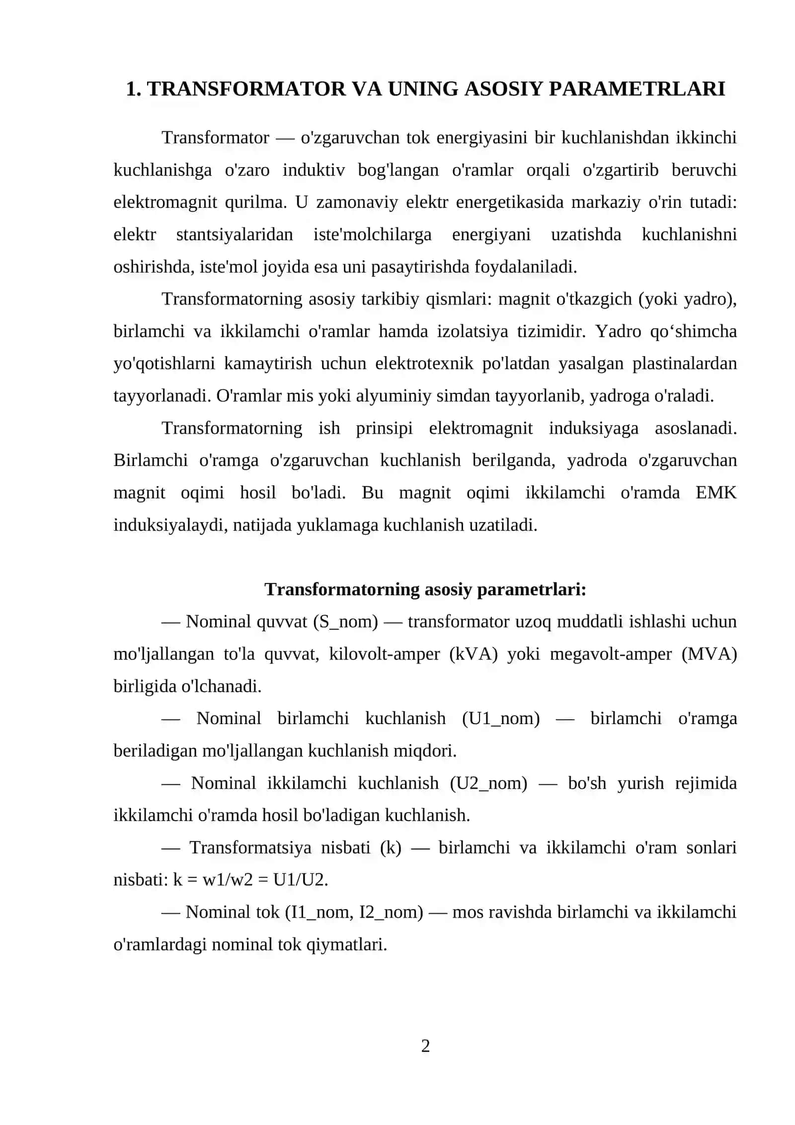Transformatorning tashqi xarakteristikasi va undagi kuchlanishning o'zgarishi 2