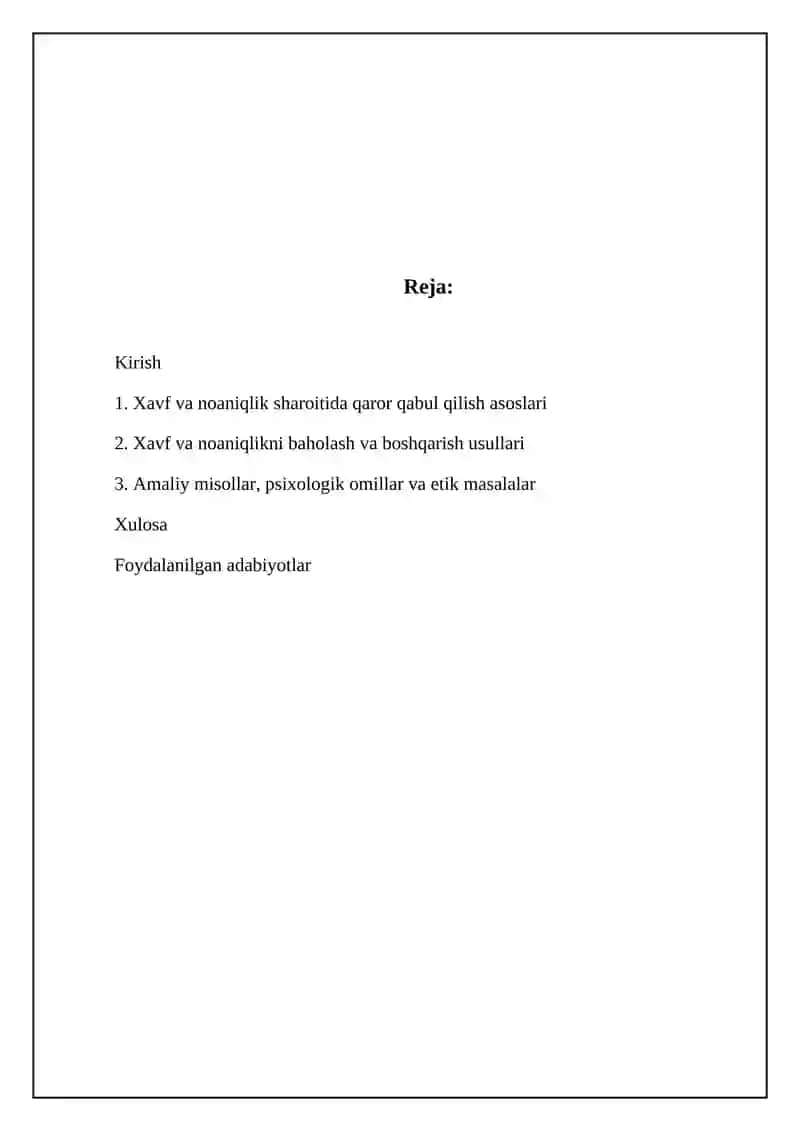 Xavf va noaniqlik sharoitida qaror qabul qilish asoslari 2