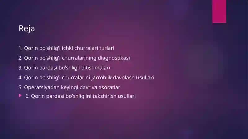 Qorin old-yon devori rivojlanish Qorin bo‘shlig‘i ichki churralari.nuqsonlarida operatsiyalar.Qorinparda bo‘shlig‘ini taftish qilish . Qorin parda bo‘shlig‘i bitishma kasalligi muammosi 2