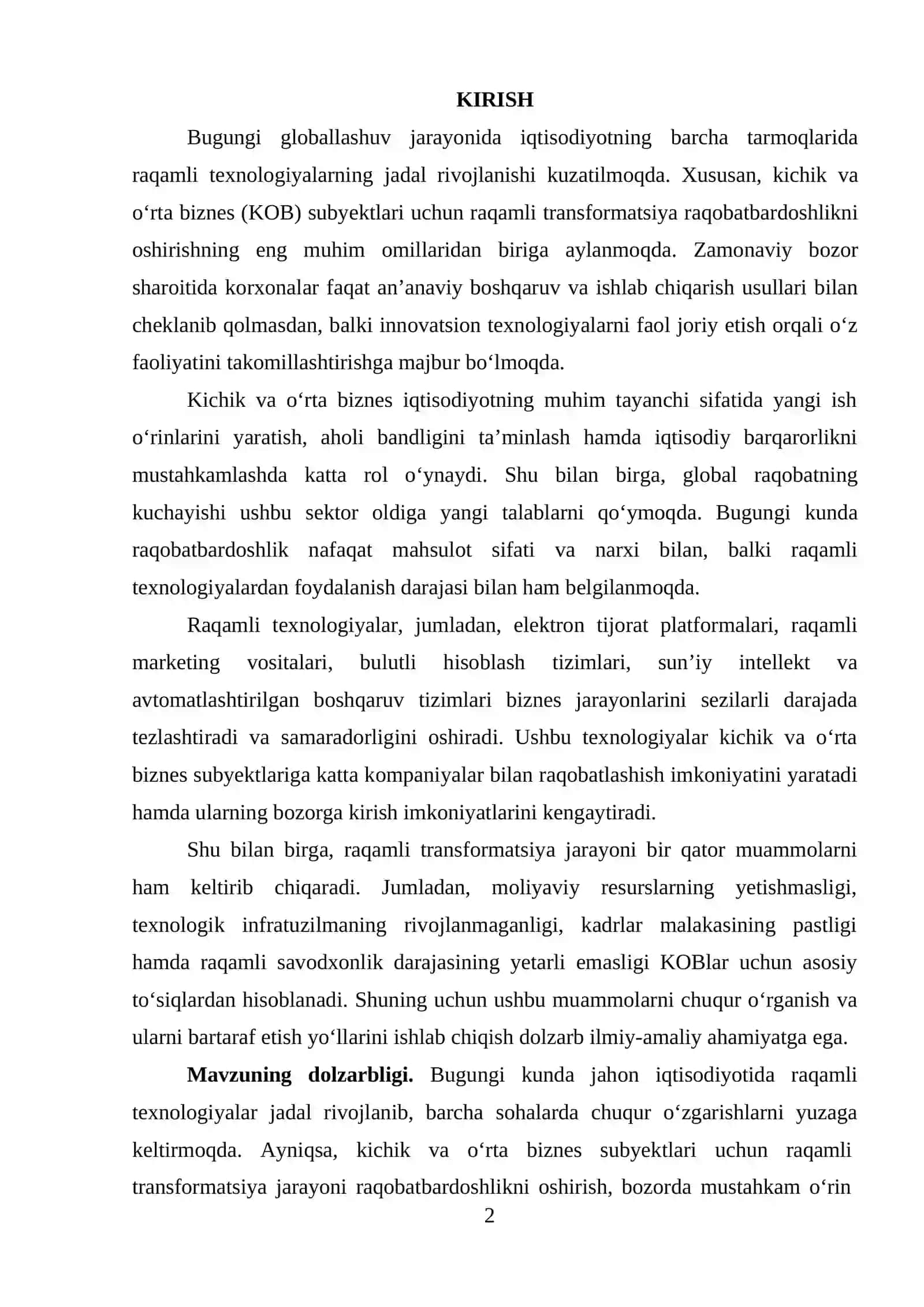 Raqamli texnologiyalar asosida kichik va o’rta bizneslarni raqobatbardoshligini oshirish yo’llari 2