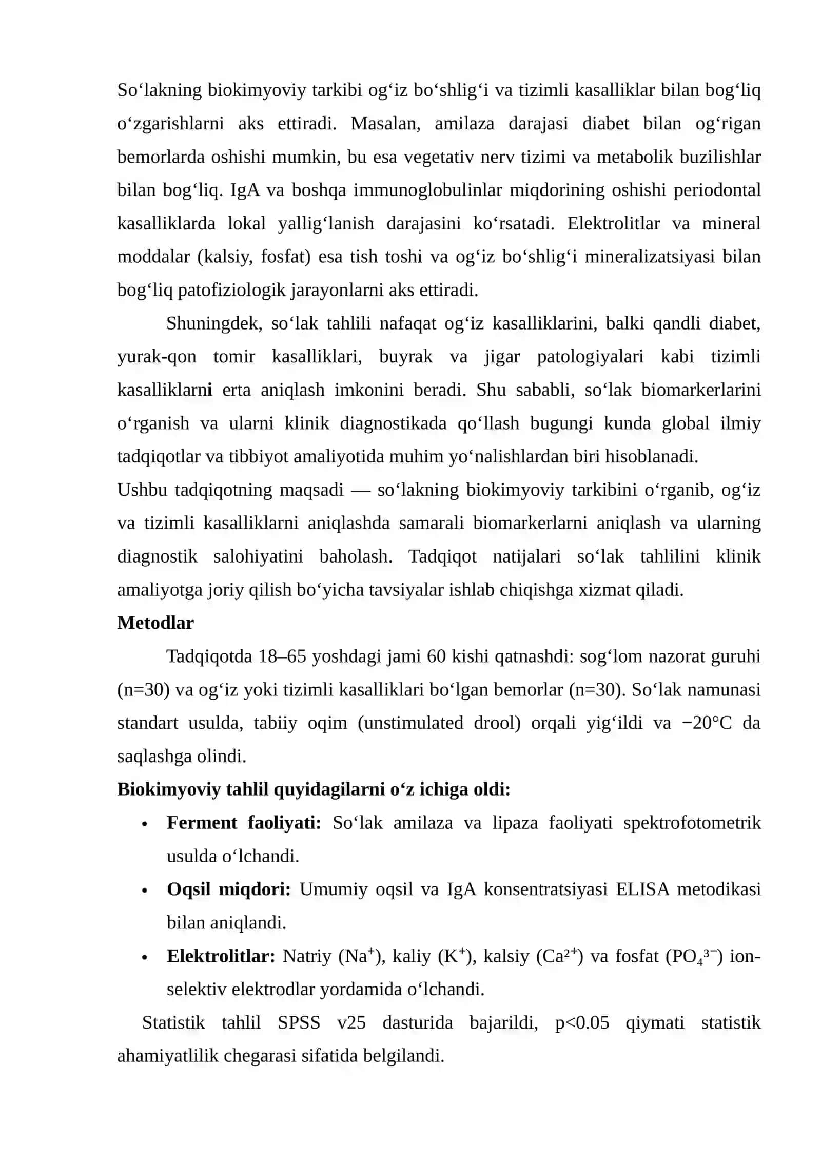 SO‘LAKNING BIOKIMYOVIY TAHLILI: OG‘IZ BO‘SHLIG‘I VA TIZIMLI KASALLIKLAR DIAGNOSTIKASIDA YANGI BOSQICH 2
