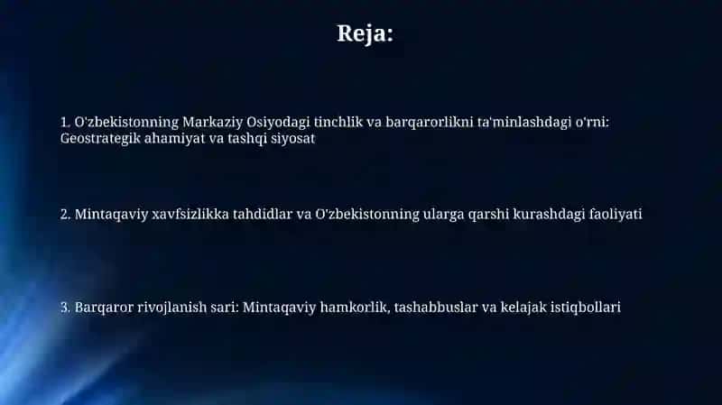 O'zbekistonning Markaziy Osiyoda tinchlik va barqarorlikni ta’minlashdagi oʻrni 2
