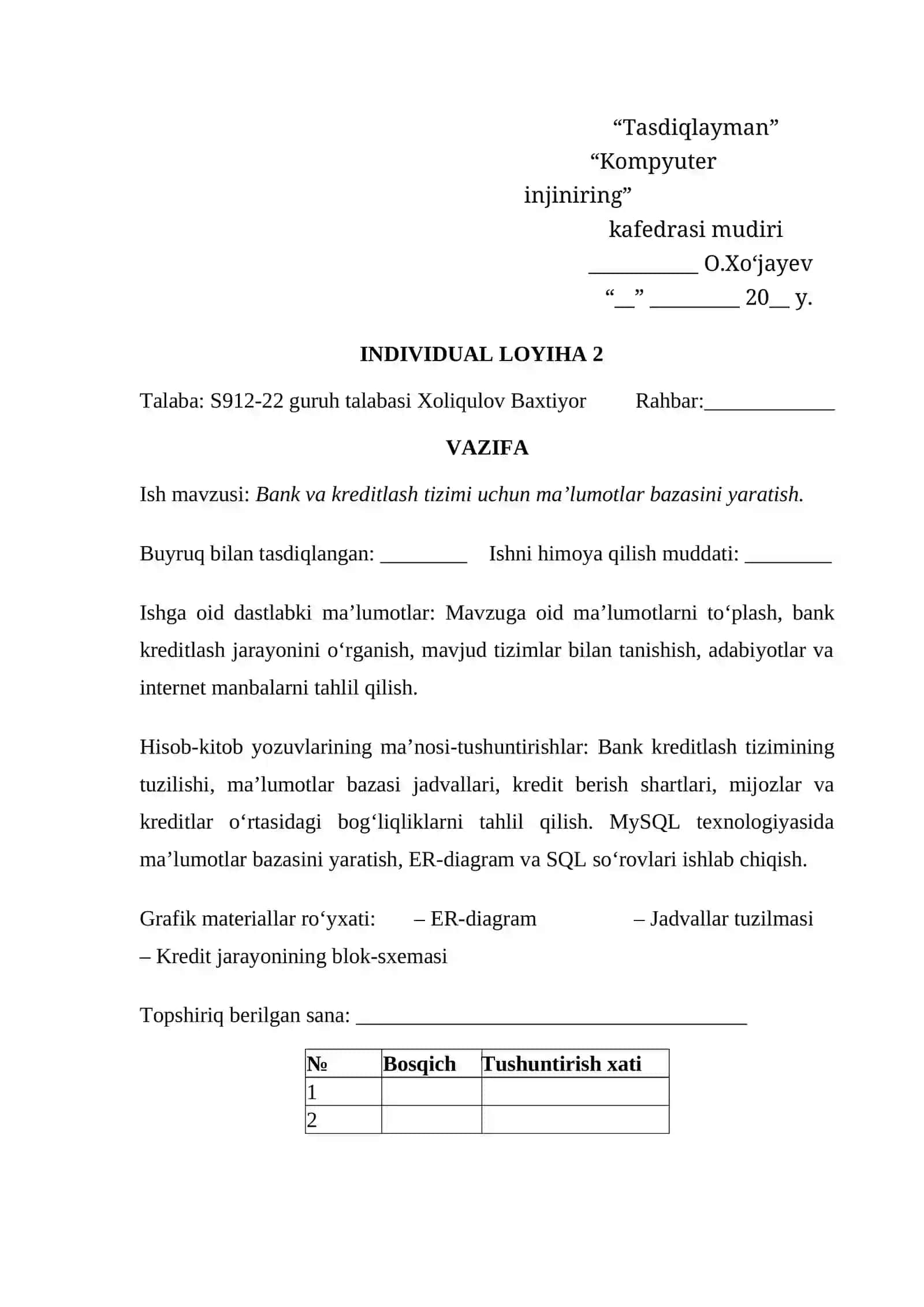 Bank va kreditlash tizimi uchun ma’lumotlar bazasini yaratish 2