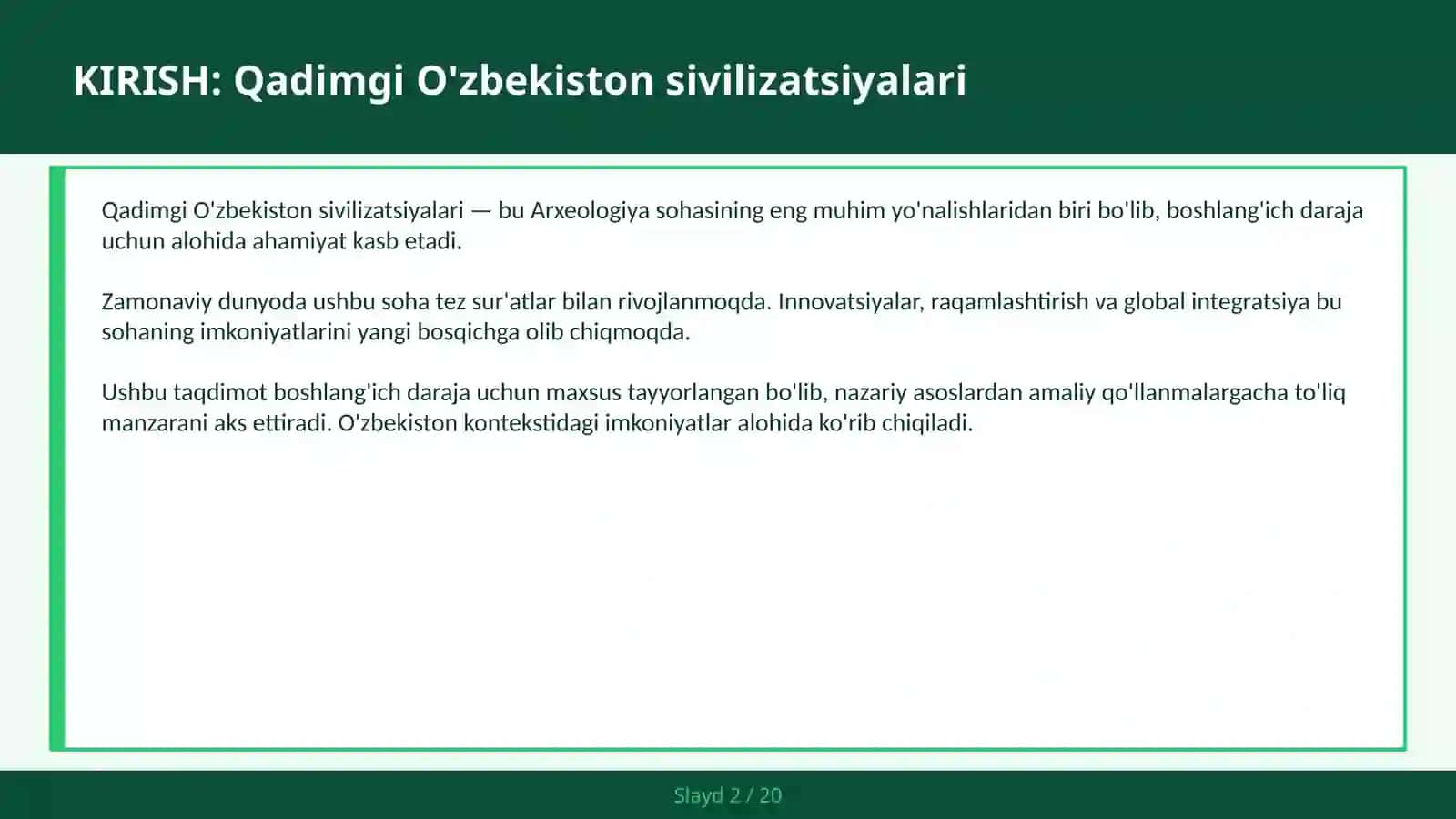 QADIMGI O'ZBEKISTON SIVILIZATSIYALARI 2