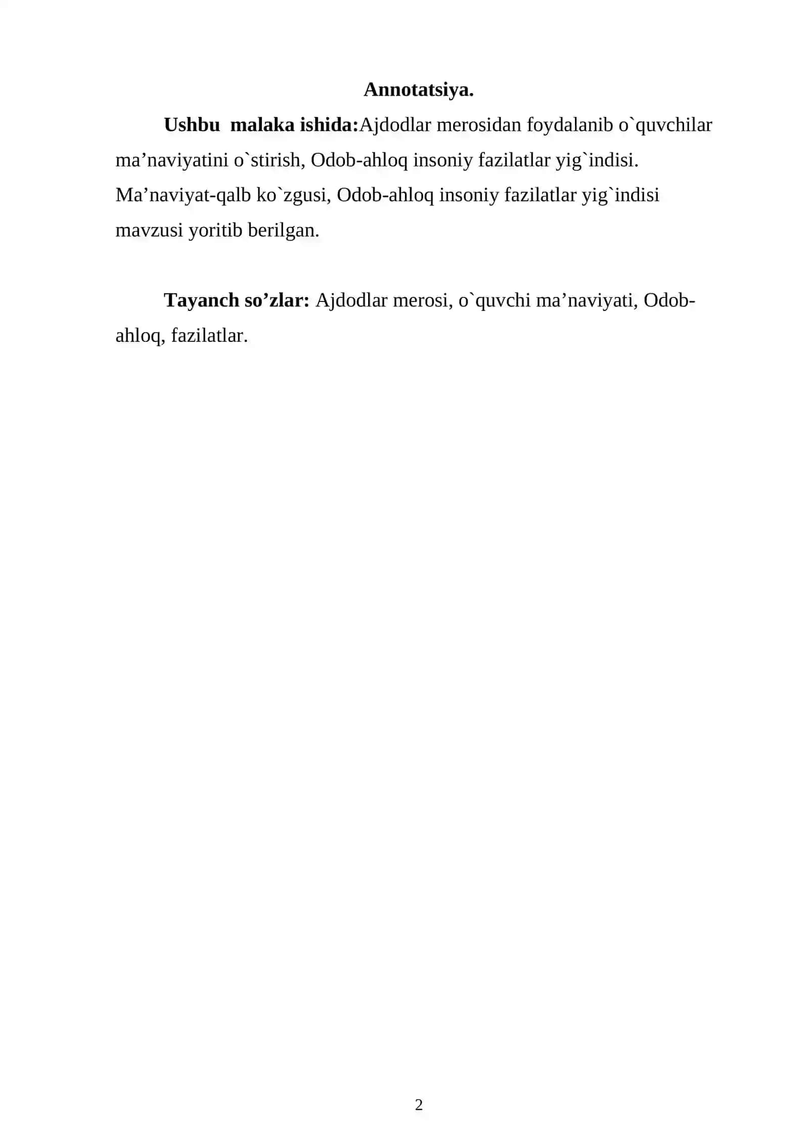Boshlang’ich sinf o’qish darsini yangi pedagogik texnologiyalar orqali tashkil etish 4-sinf odobnoma darslarida darsdan tashqari vaqtlarda o`quvchilarni milliy o’zlikni anglash ruxida tarbiyalash 2