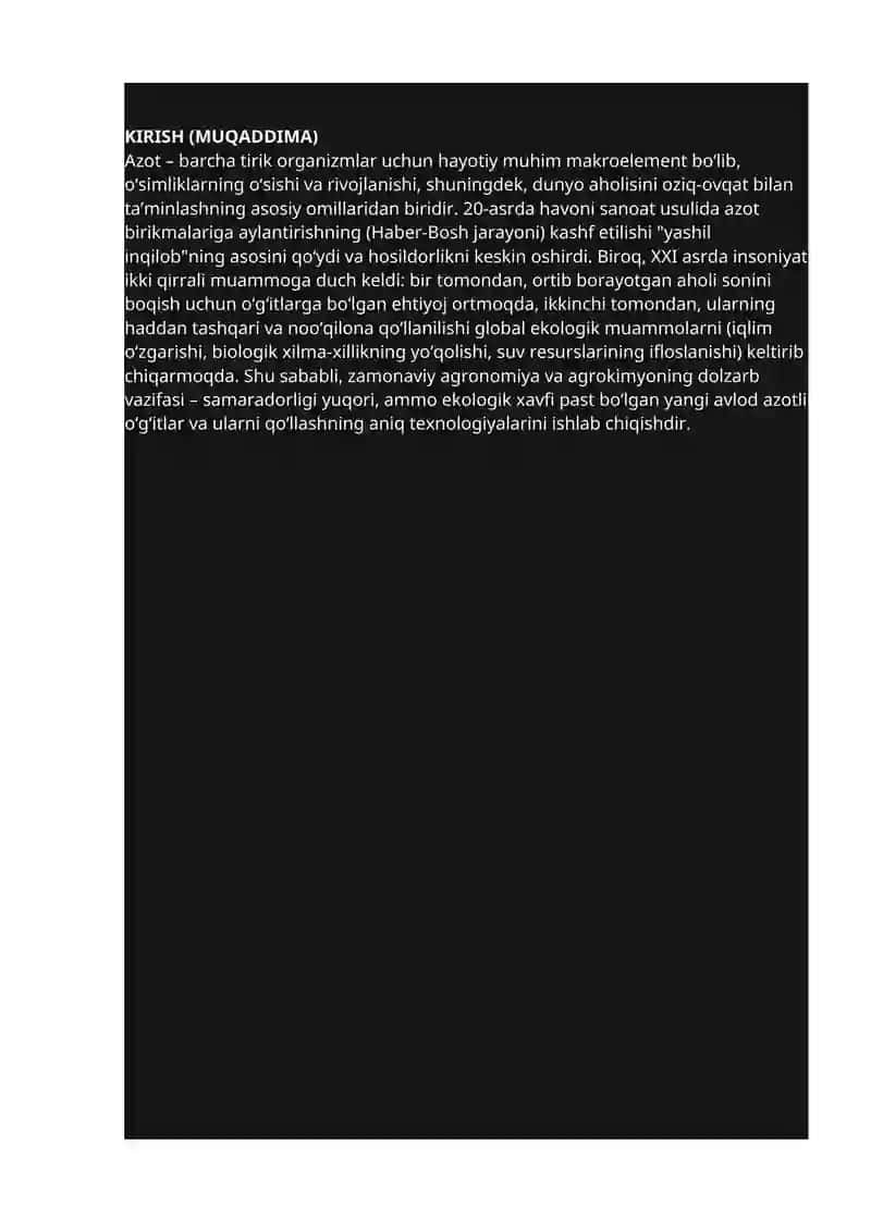 Azotli O‘g‘itlar: Zamonaviy Turlari, Ishlab Chiqarish Texnologiyalari va Ulardan Oqilona Foydalanishning Agroekologik Asoslari 2