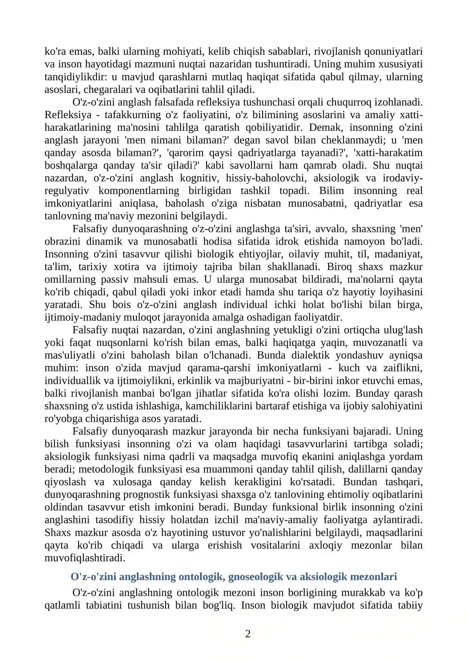 Falsafiy dunyoqarashning o'z-o'zini anglashdagi roli 2