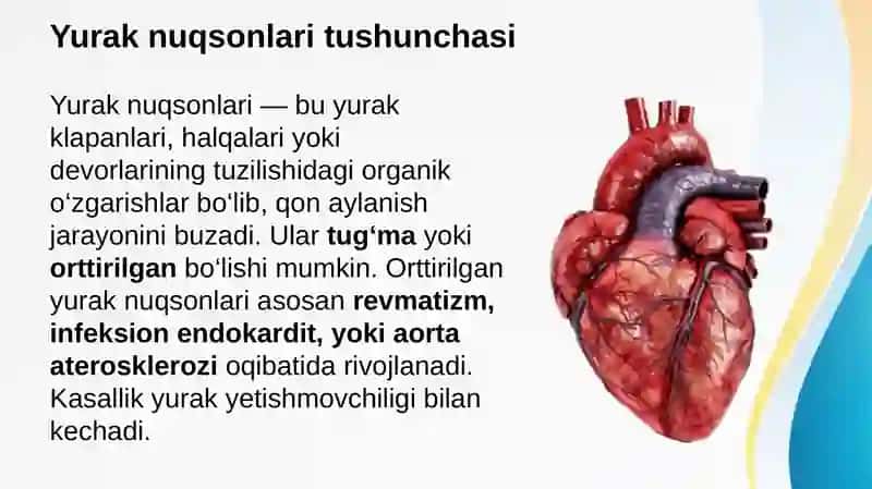 Yurak nuqsonlarining revmatizm, infeksion endokardit va aorta aterosklerozi kasalliklarida rivojlanish sabablari. EKG va rentgenologik tekshiruvdagi belgilari va davolash usullari. Aortal yurak nuqsonlarining etiologiyasi, patogenezi, klinikasi va diagnostikasi 2