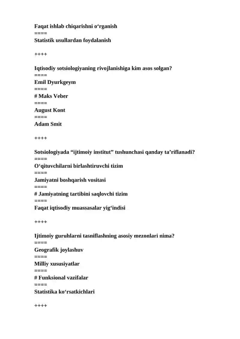 Iqtisodiy sotsiologiya fanidan yakuniy test savollari javoblari bilan 2