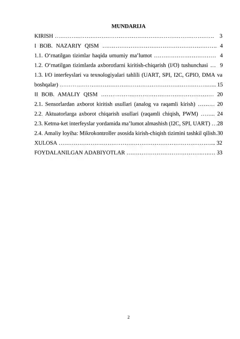 O‘rnatilgan tizimlarda axborotlarni kiritish-chiqarish usullari. 2