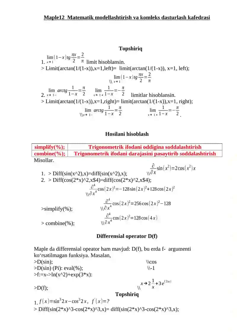 Maple12 Matematik modellashtirish va komleks dasturlash kafedrasi 2