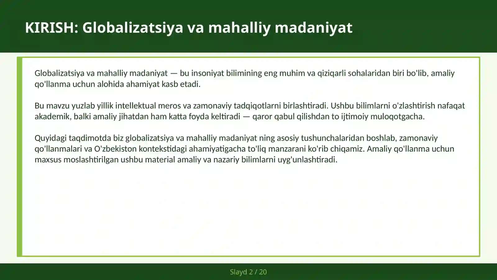 Globalizatsiya va mahalliy madaniyat - Madaniy homogenizatsiya va qarshilik — amaliy qo'llanma 2