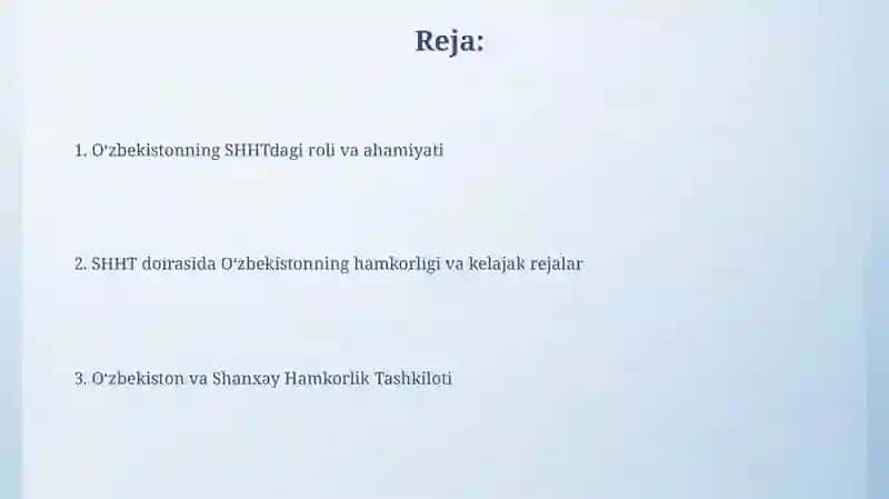 Oʻzbekistonning SHHTdagi roli va ahamiyati 2