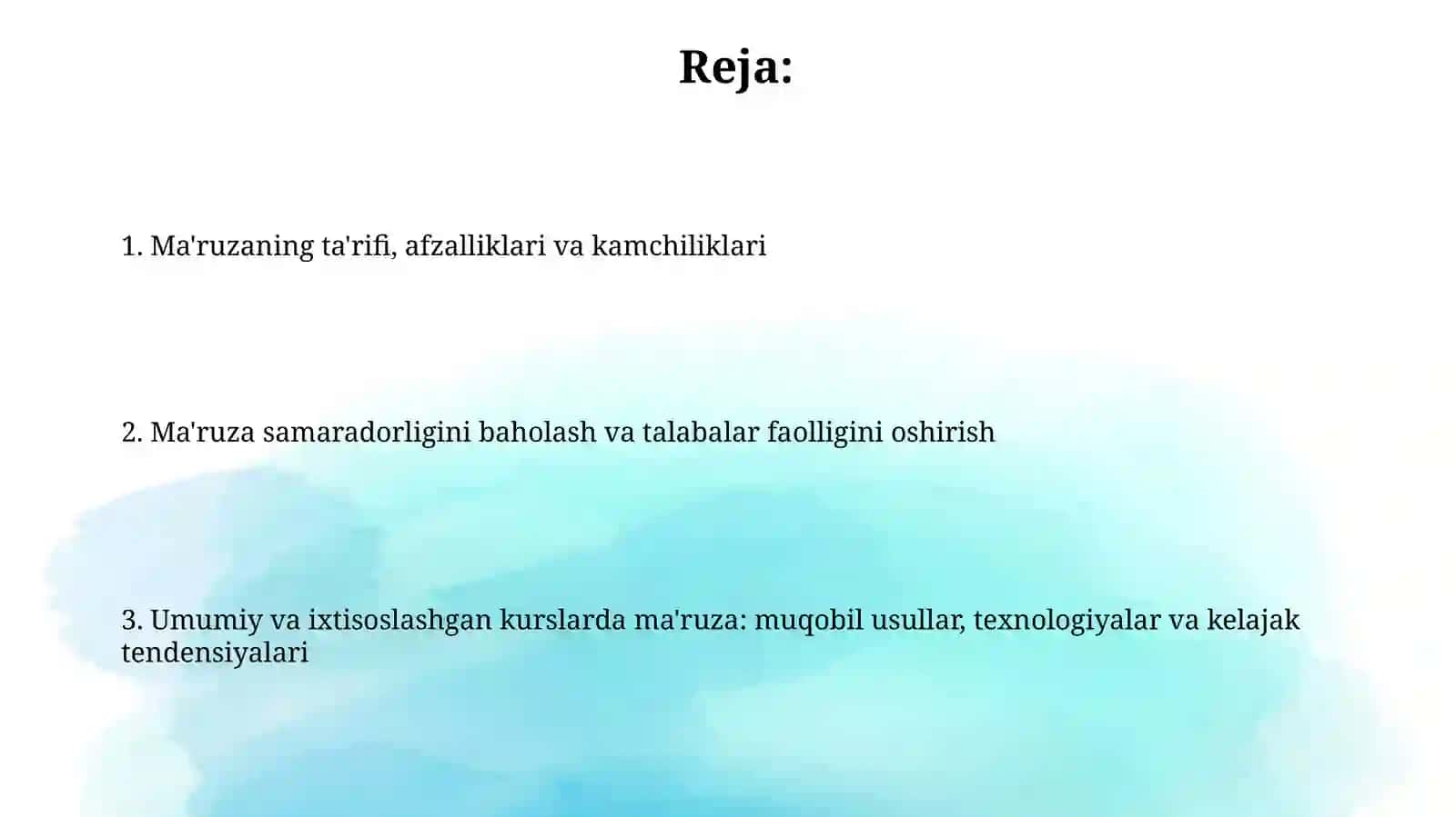 Ma'ruza umumiy va ixtisoslashtirilgan kurslarni oʻqitishning asosiyshaklisifatida 2