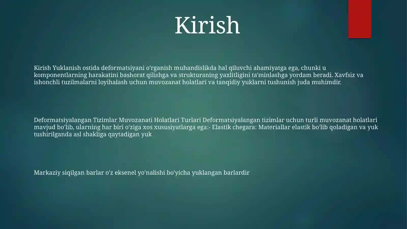 Deformatsiyalangan Tizimlar Muvozanati Holatlari Turlari.Markaziy Siqilgan Sterjenlar Ustuvorligi.Kritik Kuch Va Uni AniqlashFormulasi 2