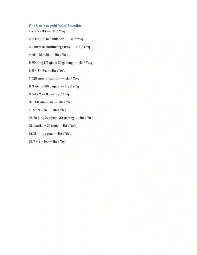 3-sinf matematika fanidan test va ha/yo'q savol javobi 2
