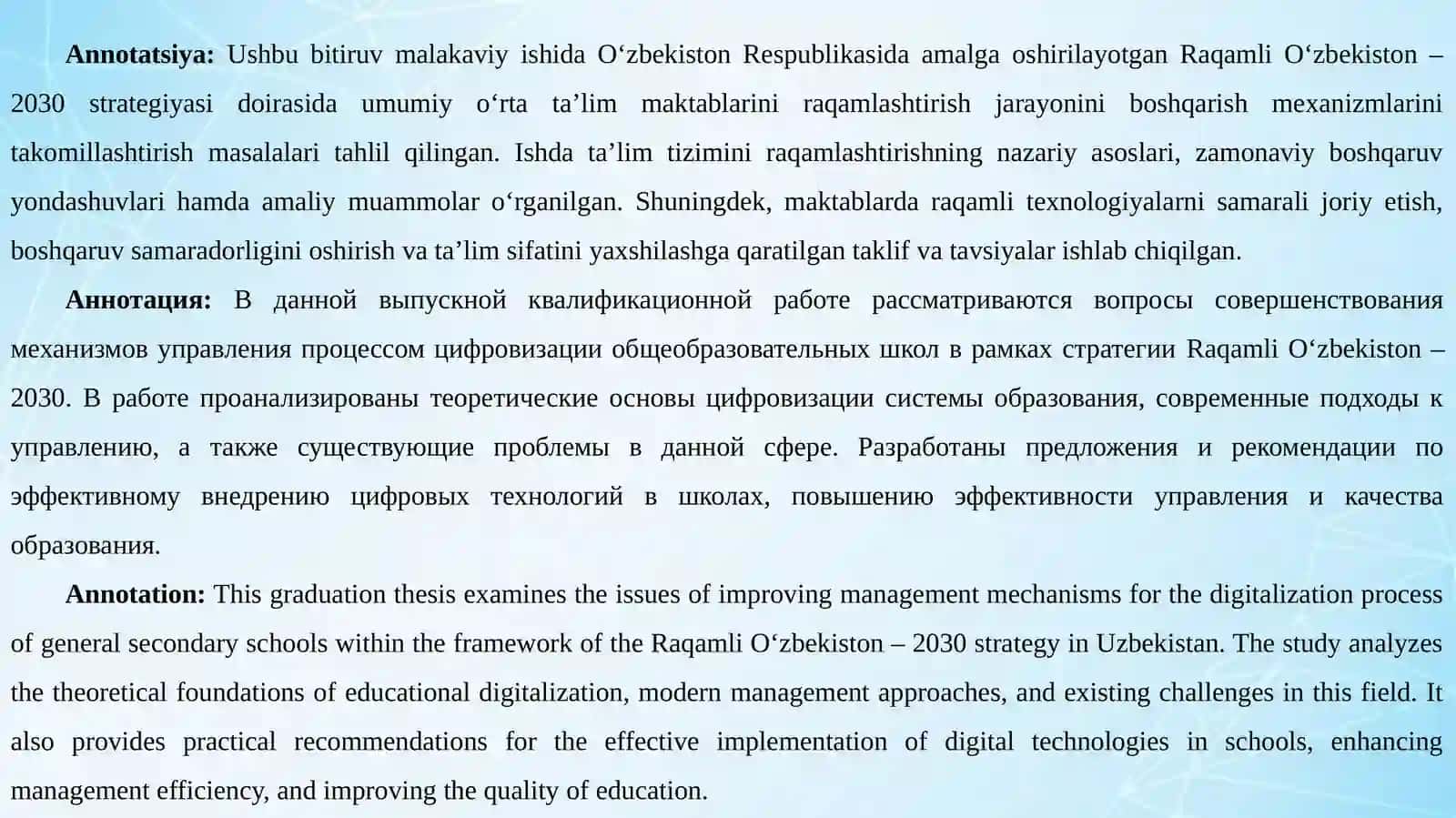 "RaqamliO‘zbekiston– 2030”strategiyasidoirasidaumumiyo‘rtata’limmaktablariniraqamlashtirishjarayoniniboshqarishmexanizmlarinitakomillashtirishmasalalari” 2