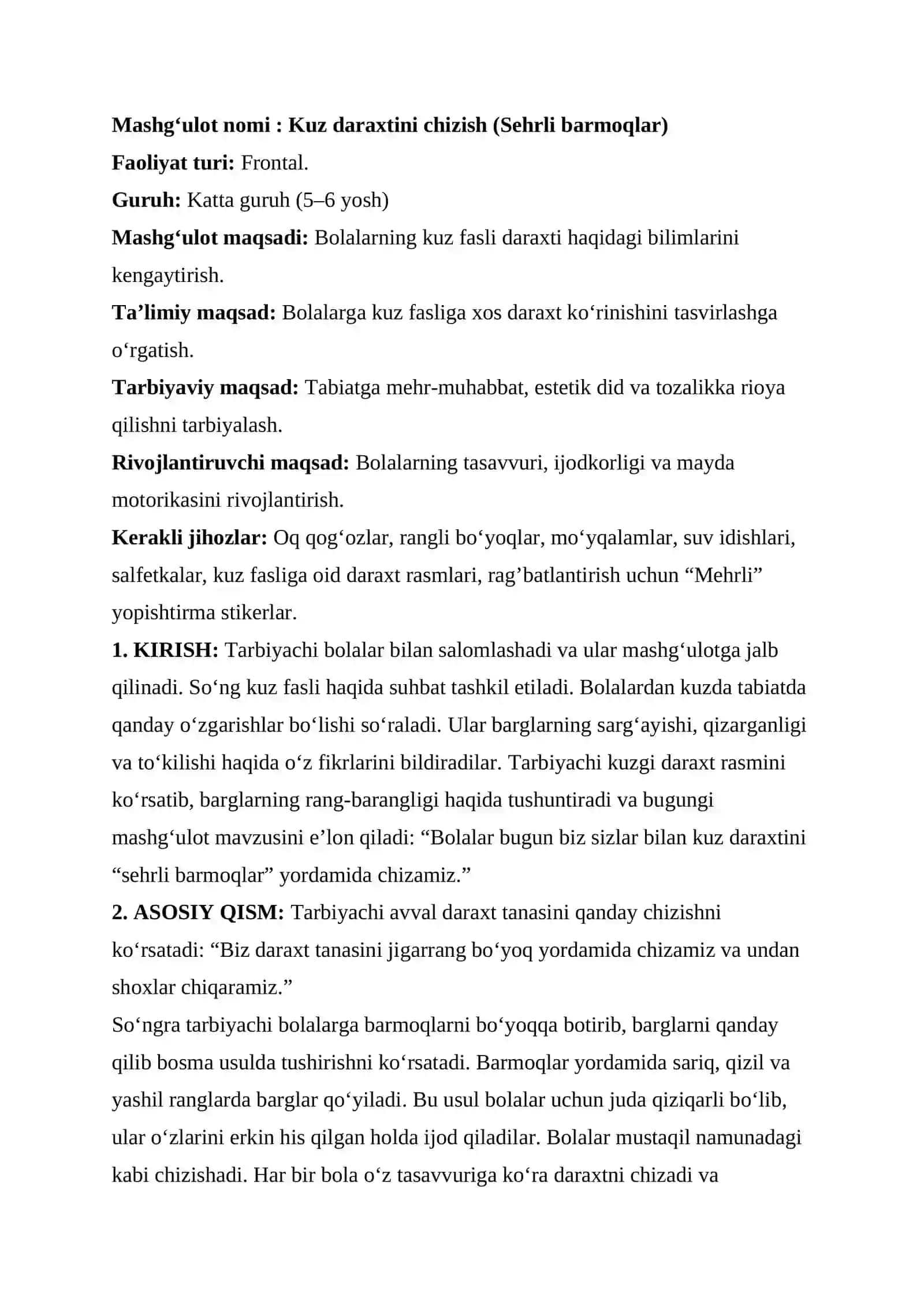 Kuz daraxtini chizish (Sehrli barmoqlar) mashgulot ishlanma 2