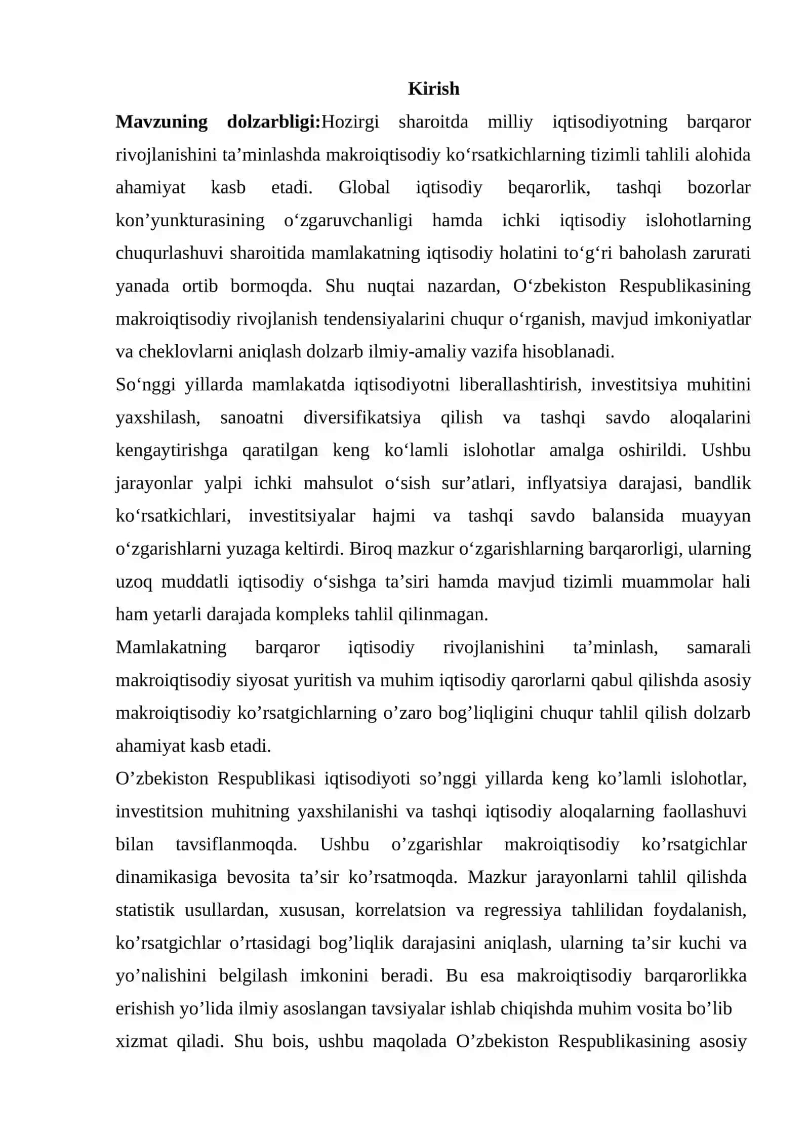 Mustaqillik yillarida O'zbekiston Respublikasi rivojlanishining makroiqtisodiy ko'rsatkichlari tahlili. 2