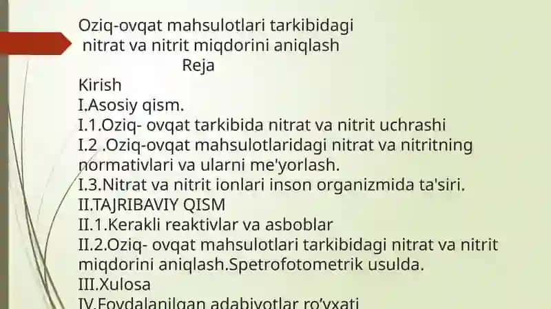 Oziq-ovqat mahsulotlari tarkibidagi nitrat va nitrit miqdorini aniqlash 2