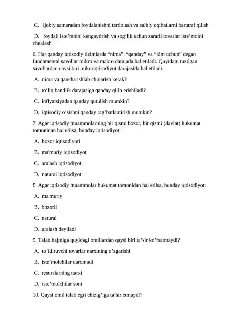 Mikroiqtisodiyot fanidan bilimlarni mustahkamlovchi test savollari 2
