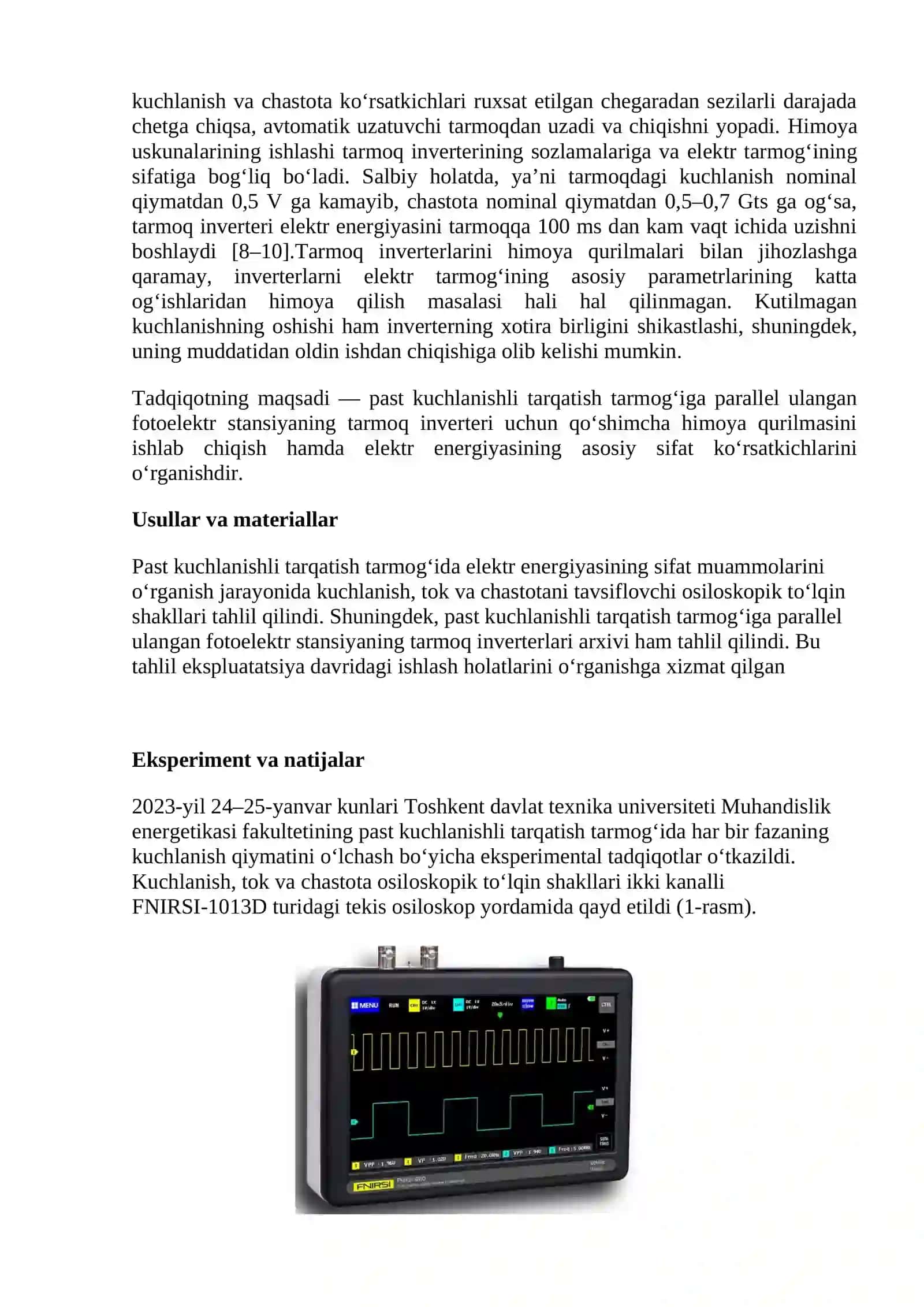 Tarmoq invertorini past kuchlanishli elektr tarmog‘idagi (0,4 kV) sifatsiz elektr energiyadan himoyalash uskunasi 2