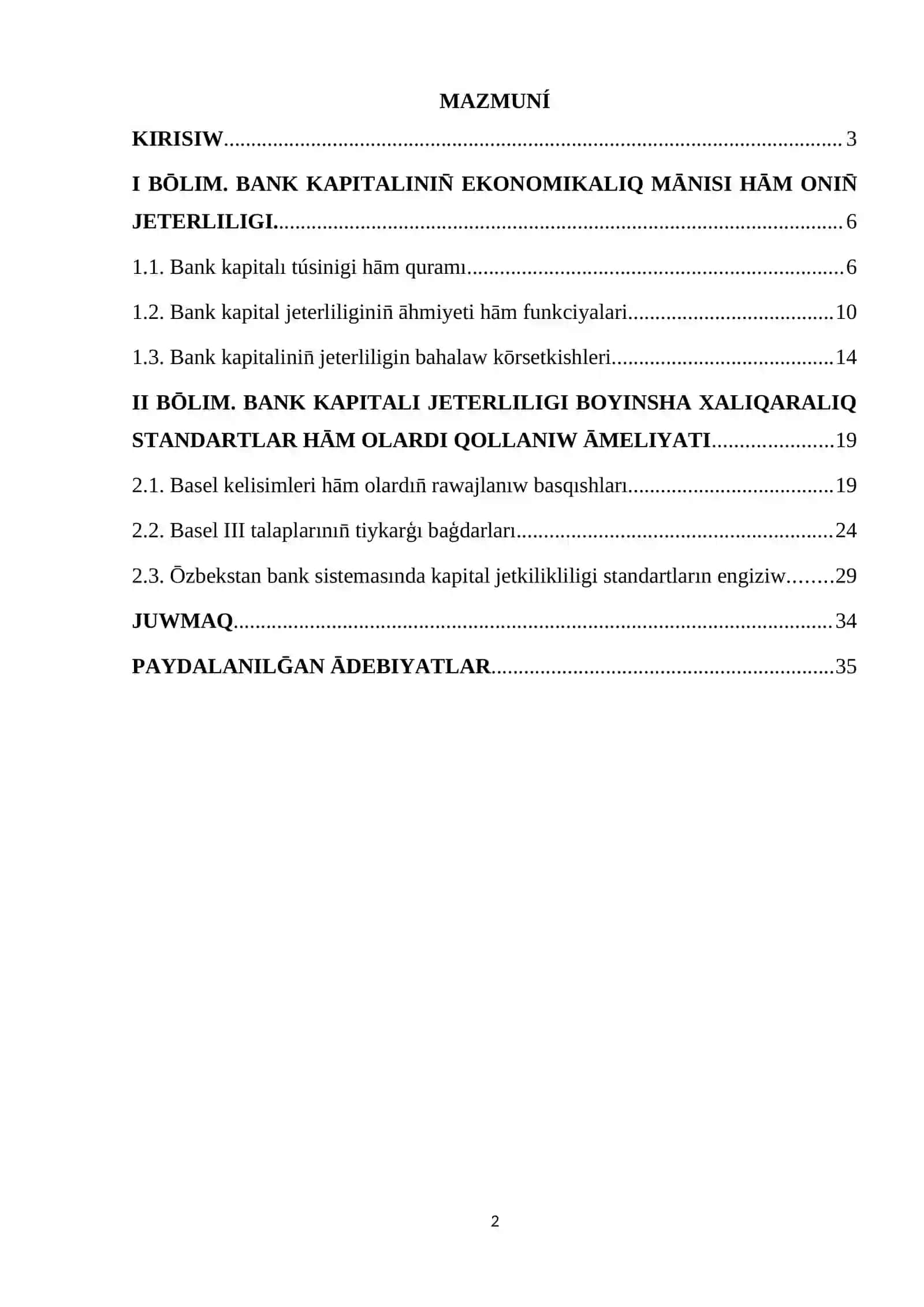 Bank kapitalınıń jeterliligi hām xalıq aralıq standartlar 2