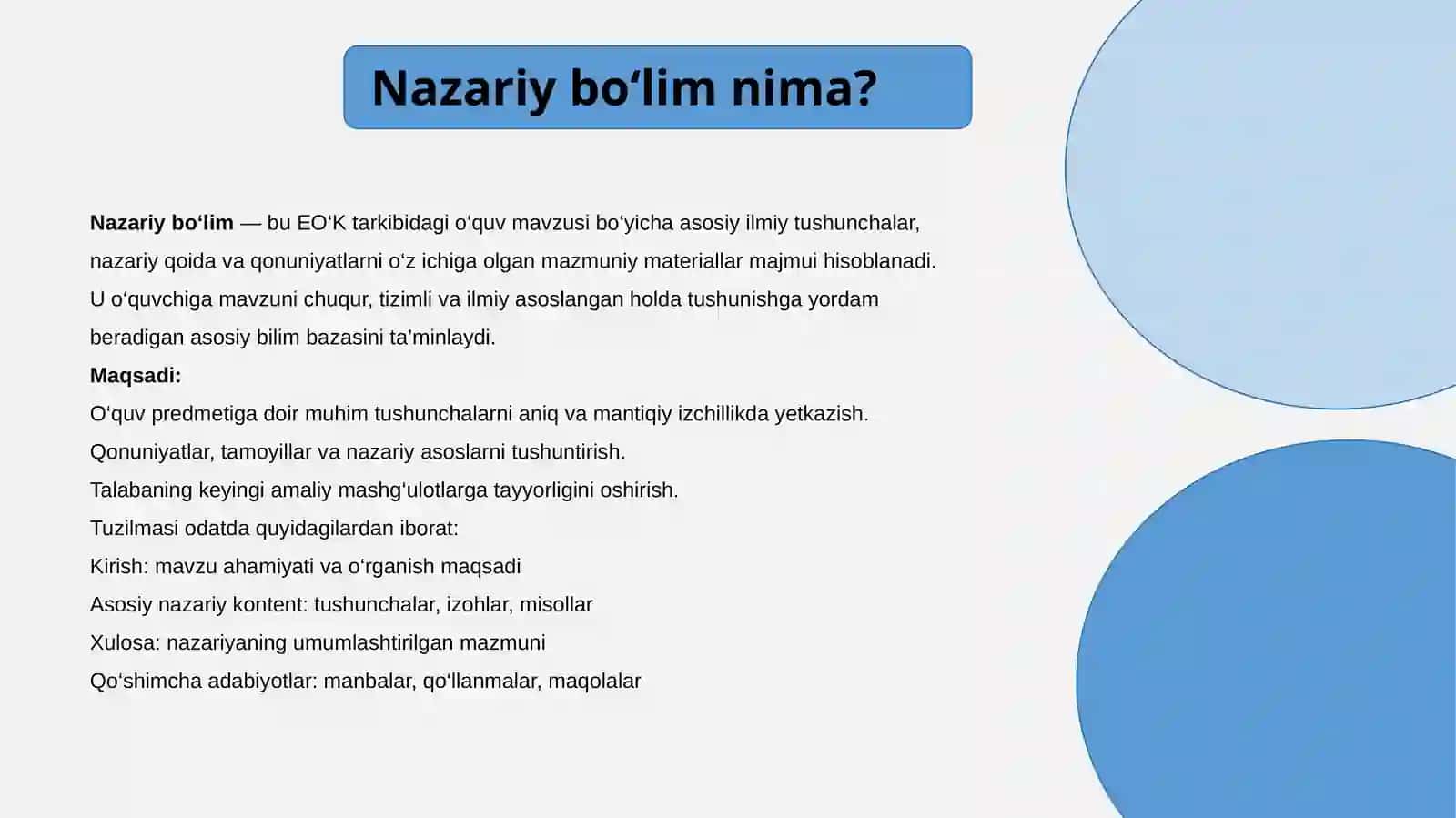 EO'Kning nazariy bo‘limlarini yaratish variantlari va talablari 2
