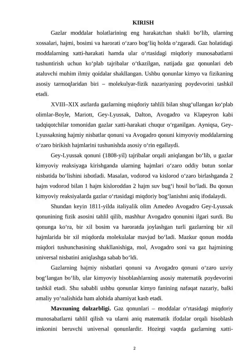 GAZLARGA OID QONUNLAR ASOSIDA KIMYOVIY MASALALAR YECHISH 2