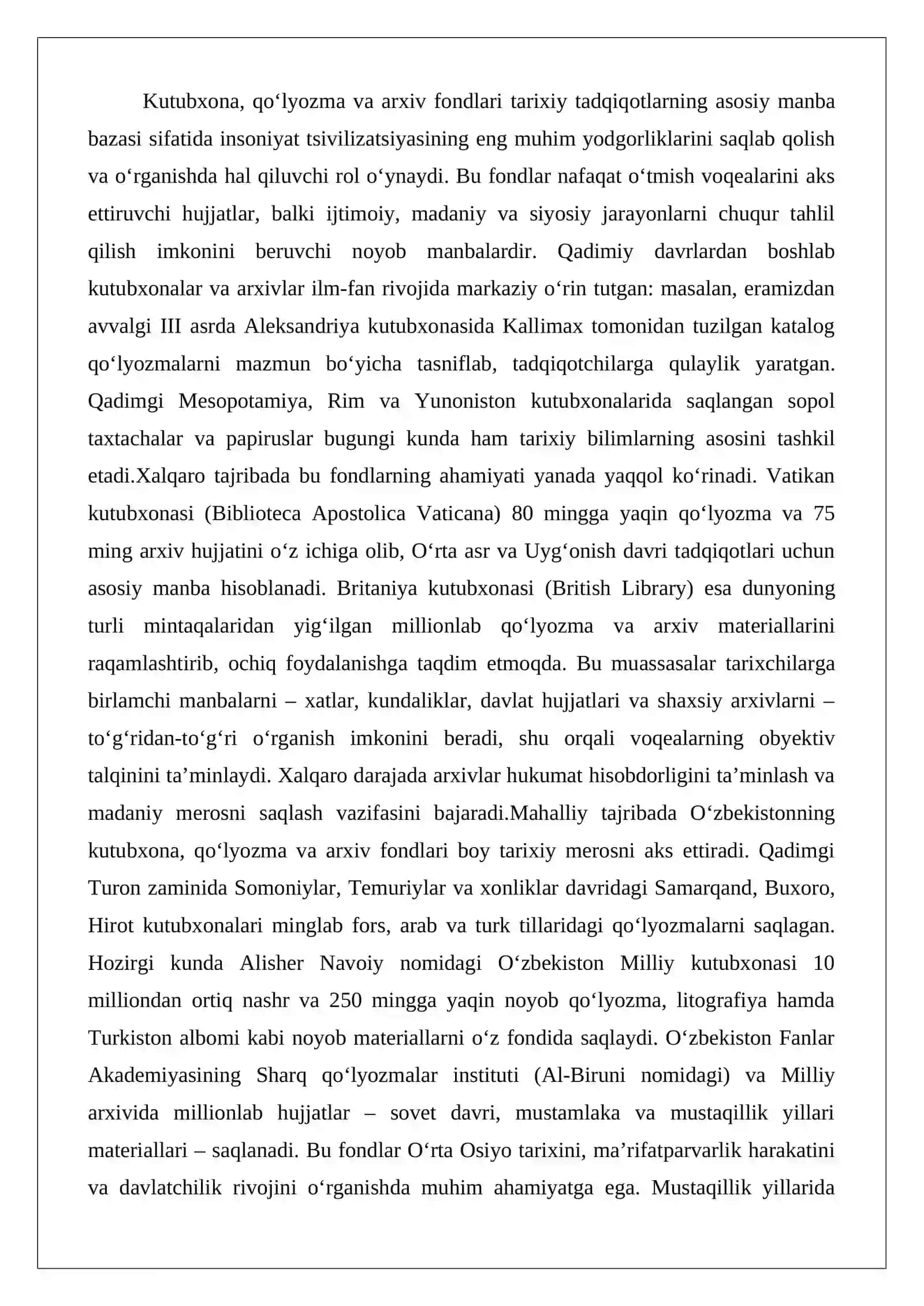 Kutubxona, qo‘lyozma va arxiv fondlari tarixiy tadqiqotlarning manba bazasi sifatida (xalqaro va mahalliy tajriba) 2