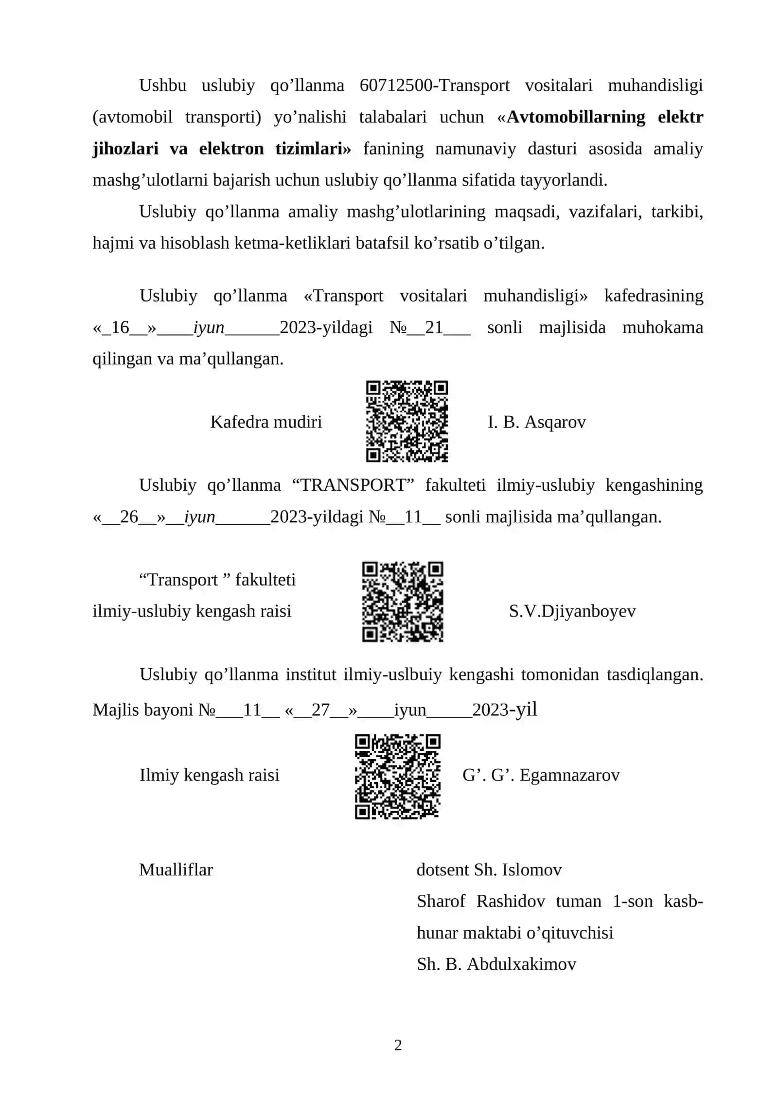Uslubiy qo’llanma 60712500-Transport vositalari muhandisligi (avtomobil transporti) yo’nalishi talabalari uchun 2