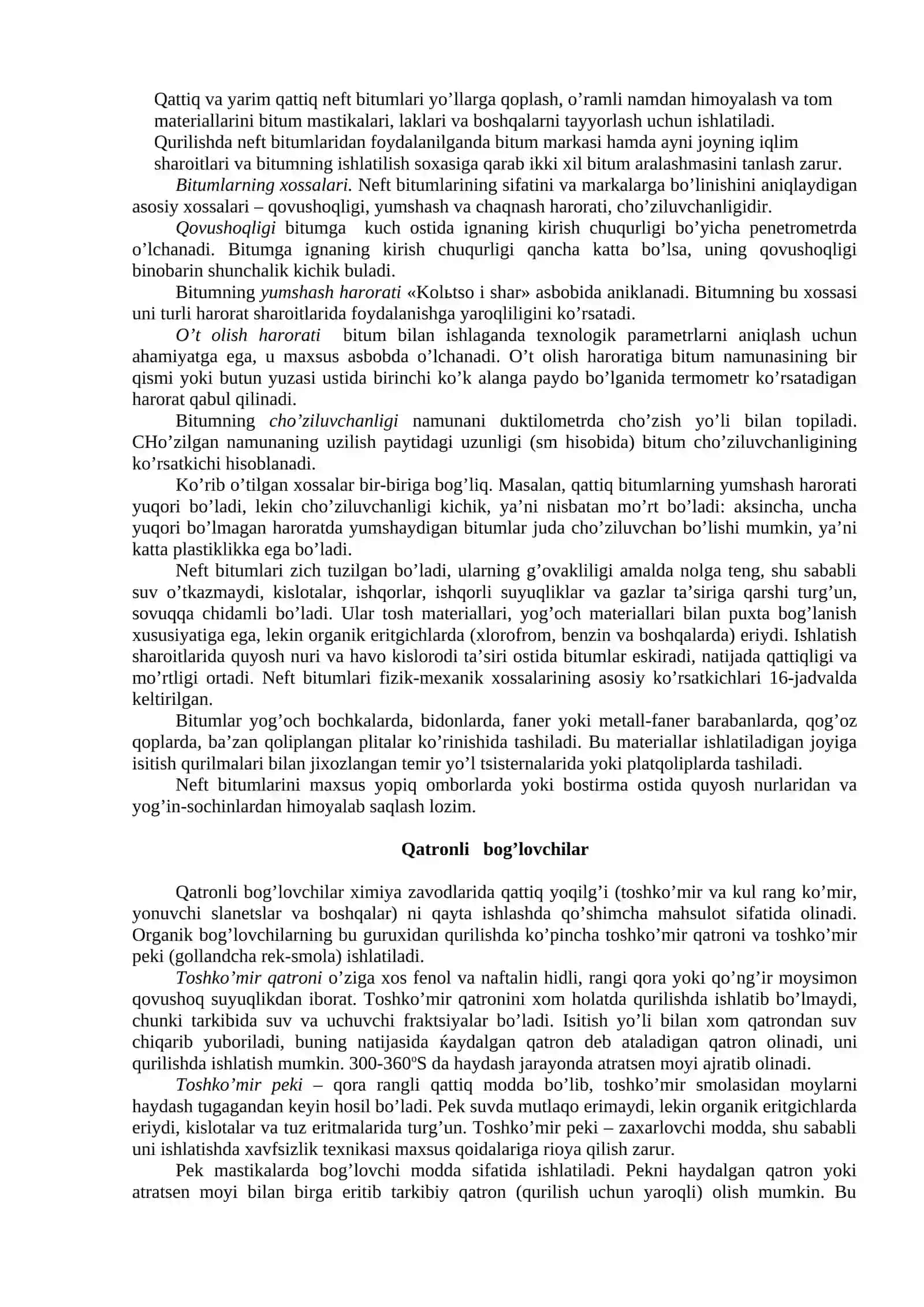 Bitumli va qatronli bog’lovchilar va ularda olindigan materiallar 2