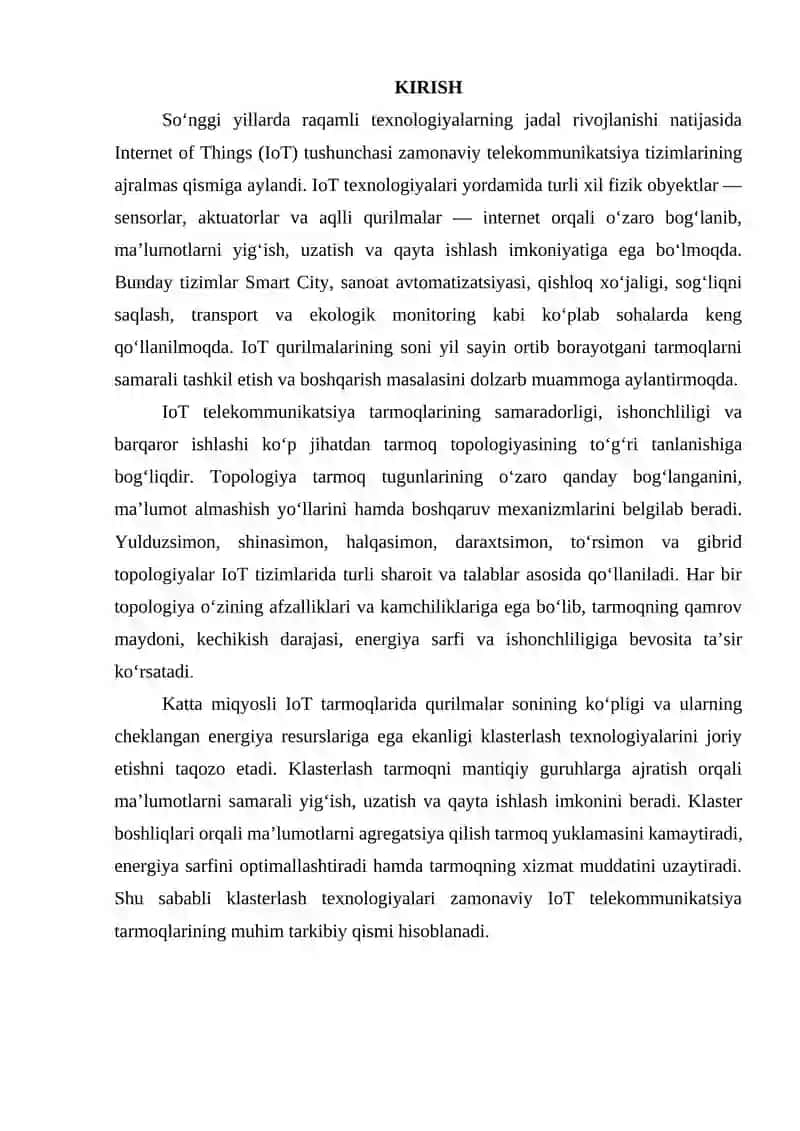 IoT telekommunikatsiya tarmoqlarida topologiyalarni va klassterlarni tahlili 2