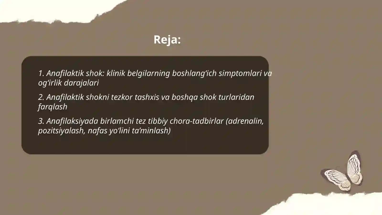 Bemorda anafilaktik shok klinik belgilari. O'pka yurak reanimatsiyasi. Shok turlari, Mahalliy og'riqsizlantirishda ishlatiladigan dori vositalari turlari Mahalliy og'riqsizlantirishdan kelib chiquvchi asoratlar turlari 2