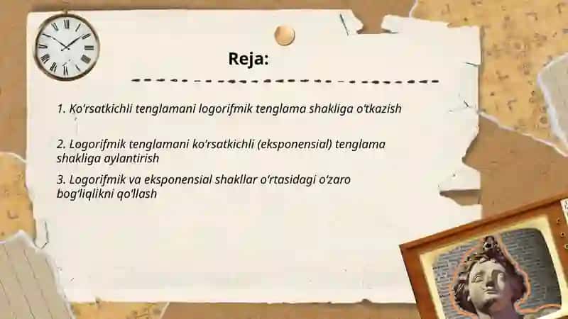 Koʻrsatkichli va logorifmik ifodalarni almashtirishga oid misollar yechish. 2