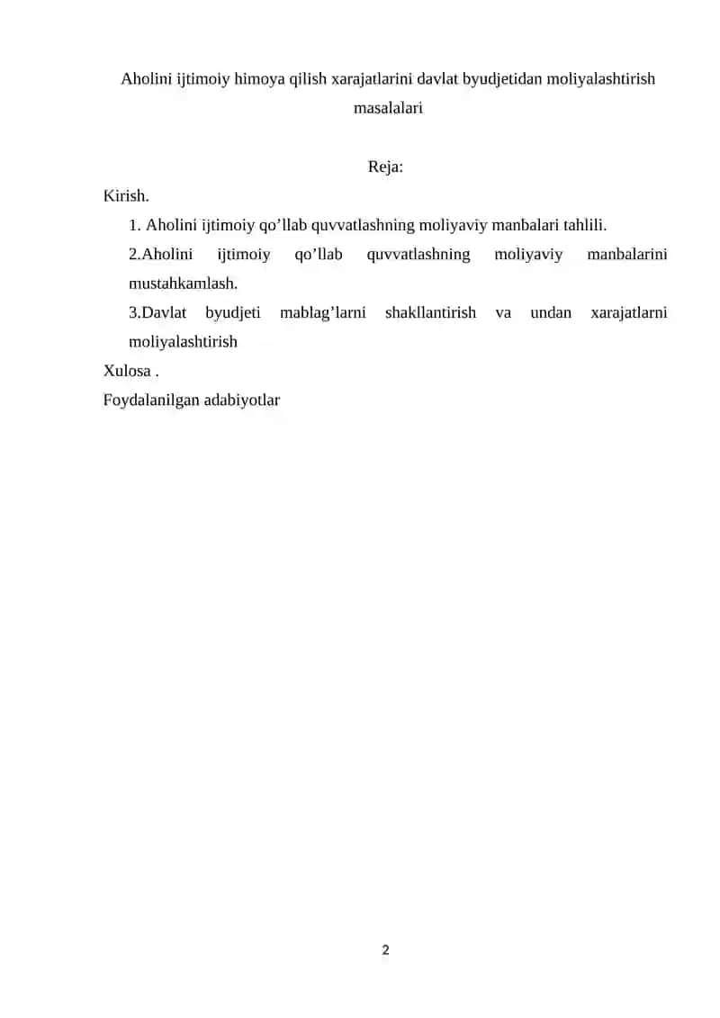 Aholini ijtimoiy himoya qilish xarajatlarini davlat byudjetidan moliyalashtirish masalalari 2