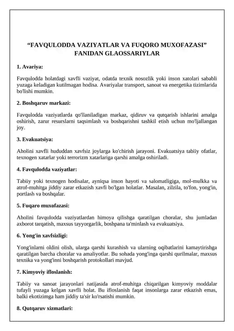 "FAVQULODDA VAZIYATLAR VA FUQORO MUXOFAZASI" FANIDAN GLAOSSARIYLAR 2