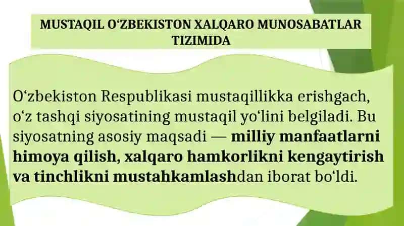 Mustaqil O‘zbekiston xalqaro munosabatlar tizimida 2