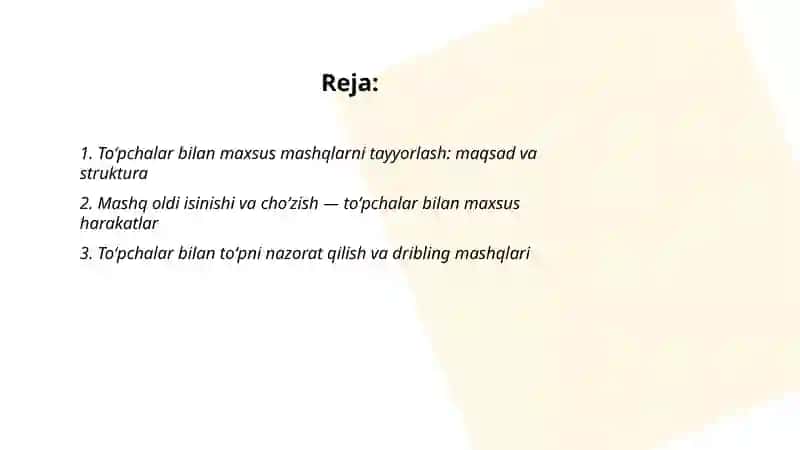 To'pchalar bilan maxsus mashqlarni bajarish hamda musobaqa qoidalari yuzasidan taqdimot tayyorlash 2