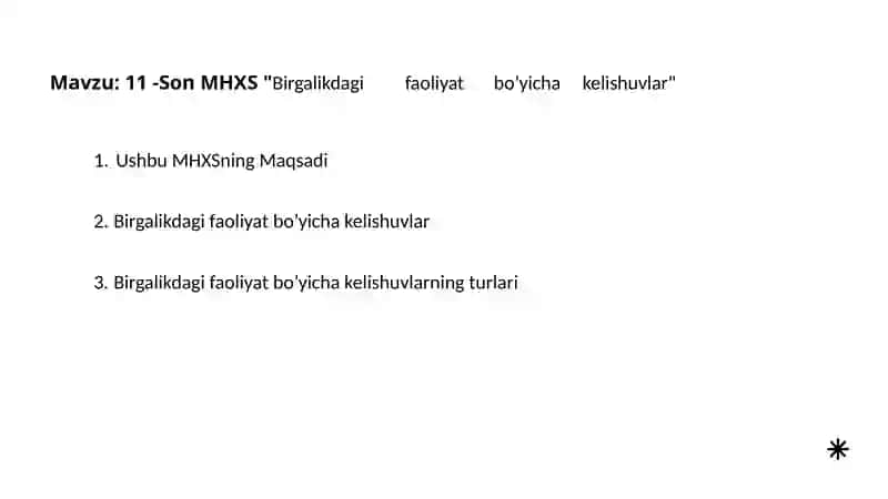 11 -Son MHXS "Birgalikdagi faoliyat bo’yicha	kelishuvlar" 2