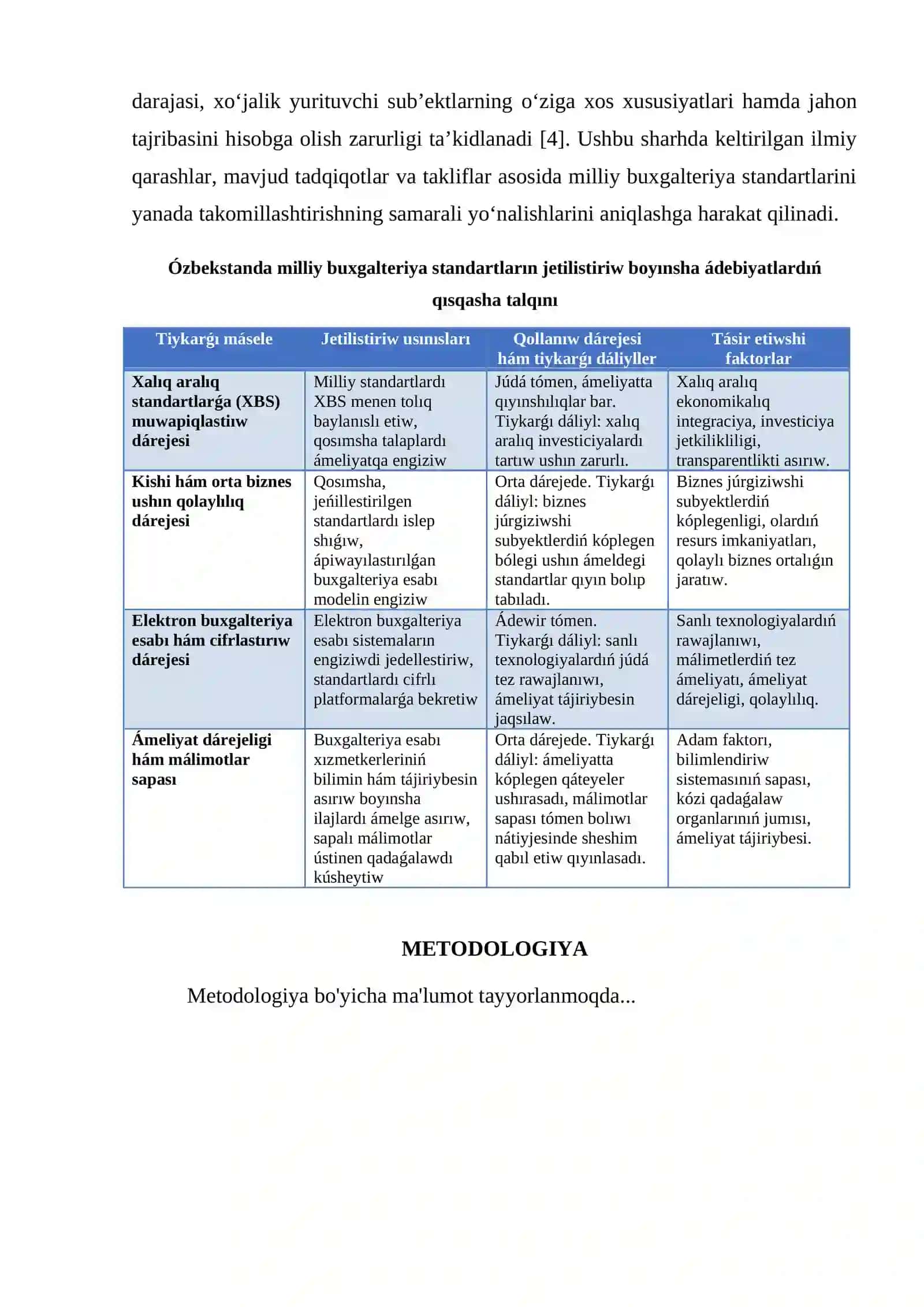 ÓZBEKSTAN RESPUBLIKASINDA MILLIY BUXGALTERIYA STANDARTLARIN JETILISTIRIWDIŃ TIYKARǴI BAǴITLARI 2