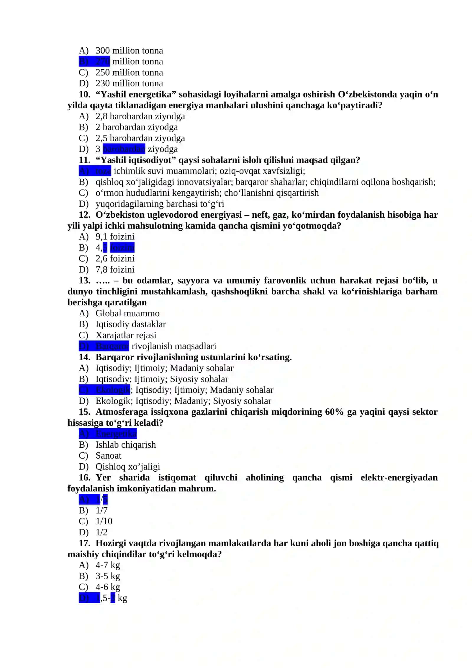 “YASHIL IQTISODIYOT” FANIDAN TESTLAR BAZASI (YAKUNIY NAZORAT UCHUN) 2