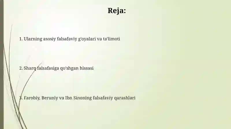 Sharq mutafakkirlari Farobiy, Beruniy, Ibn Sinoning falsafiy qarashlari 2