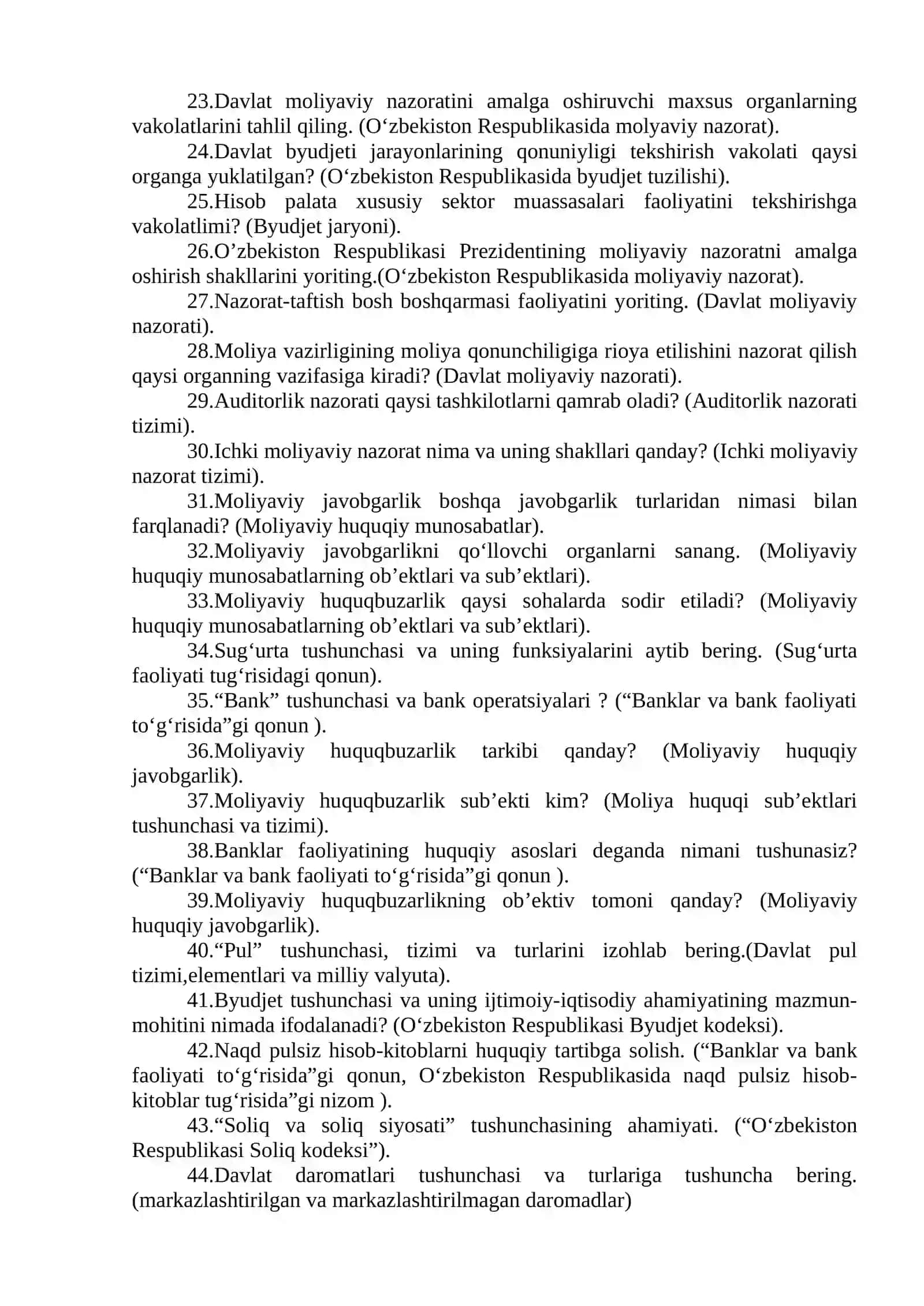 Moliya huquqi fanidan yakuniy nazorat savollari 2