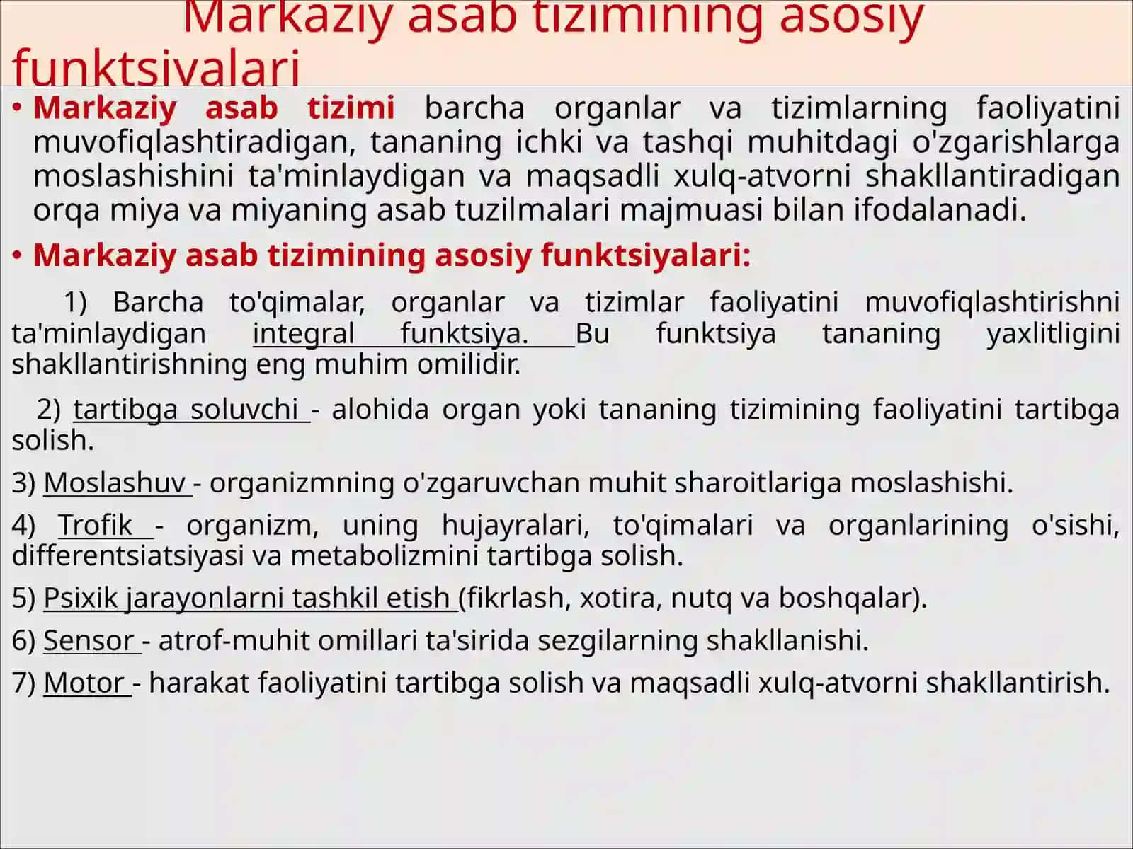 MNSDA QO`YIQISH VA INBIBISIYA. NERV MARKAZLARINING XUSUSIYATLARI. MUVOFIQLASHTIRISH PRINSİPLARI REFLEKTIV FAOLIYATLAR 2