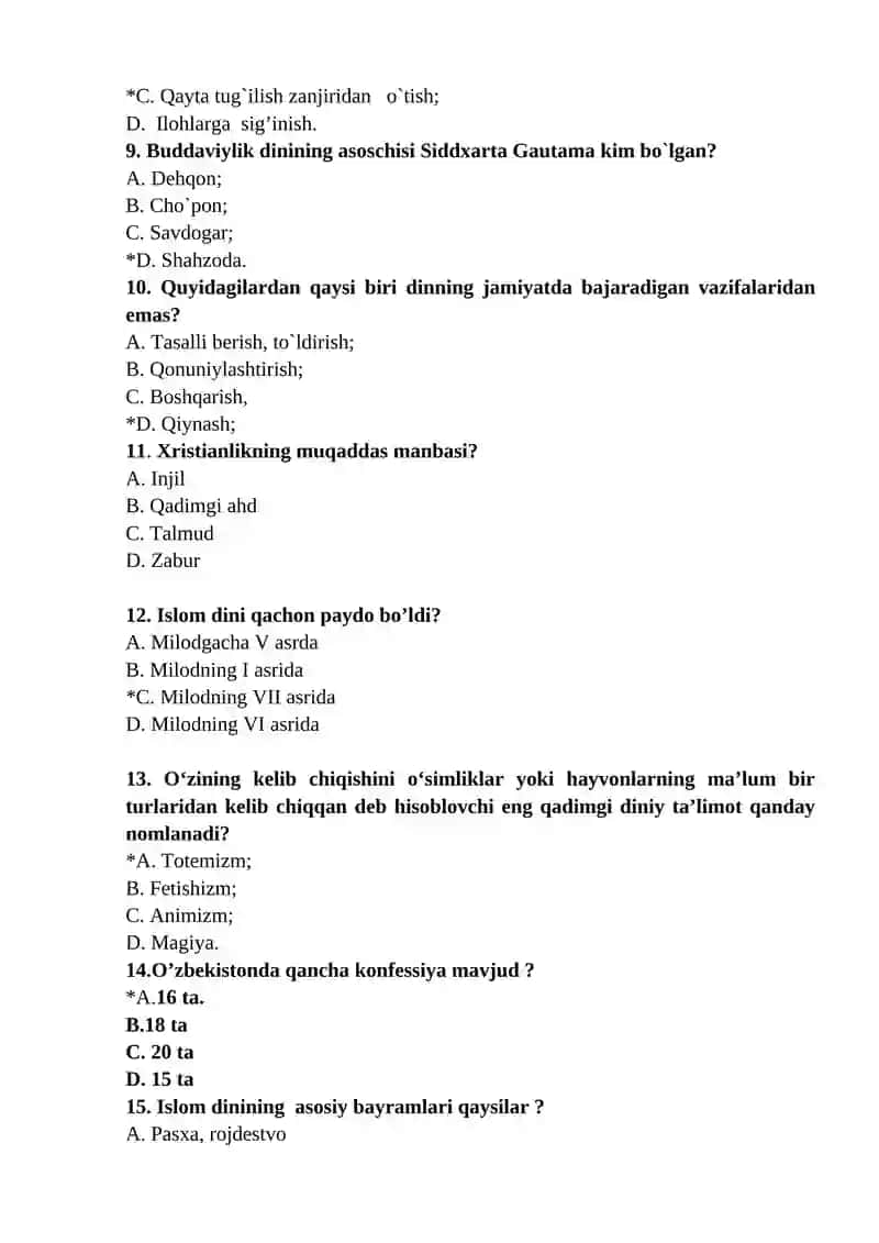 Dinshunoslik 100 ta test javoblari. 2