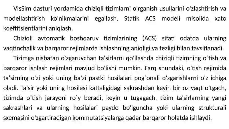 Chiziqli avtomatik boshqaruv tizimlarining holati va tezligi bo'yicha xatolik koeffitsientlarini aniqlash 2
